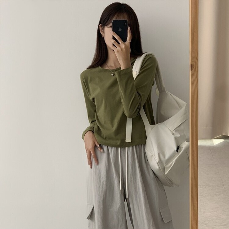 프리미엄 라운드 세미 크롭 데일리 무지긴팔 베이직 긴팔티 기본 레이어드 긴소매티셔츠