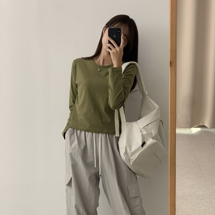 프리미엄 라운드 세미 크롭 데일리 무지긴팔 베이직 긴팔티 기본 레이어드 긴소매티셔츠