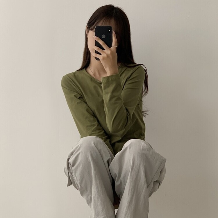 프리미엄 라운드 세미 크롭 데일리 무지긴팔 베이직 긴팔티 기본 레이어드 긴소매티셔츠