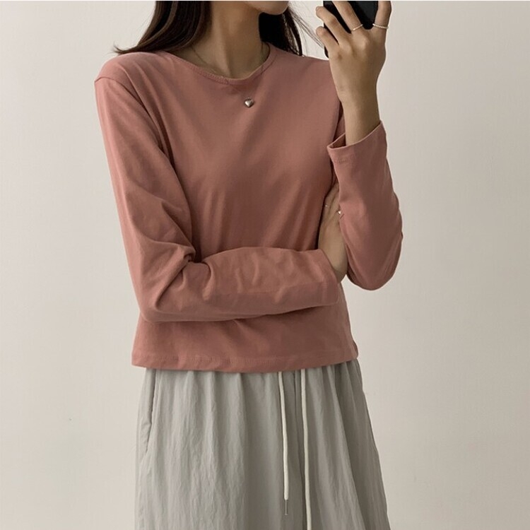 프리미엄 라운드 세미 크롭 데일리 무지긴팔 베이직 긴팔티 기본 레이어드 긴소매티셔츠