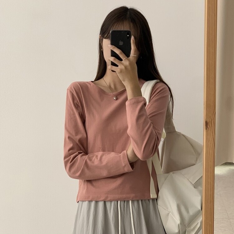 프리미엄 라운드 세미 크롭 데일리 무지긴팔 베이직 긴팔티 기본 레이어드 긴소매티셔츠