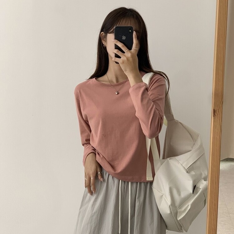 프리미엄 라운드 세미 크롭 데일리 무지긴팔 베이직 긴팔티 기본 레이어드 긴소매티셔츠