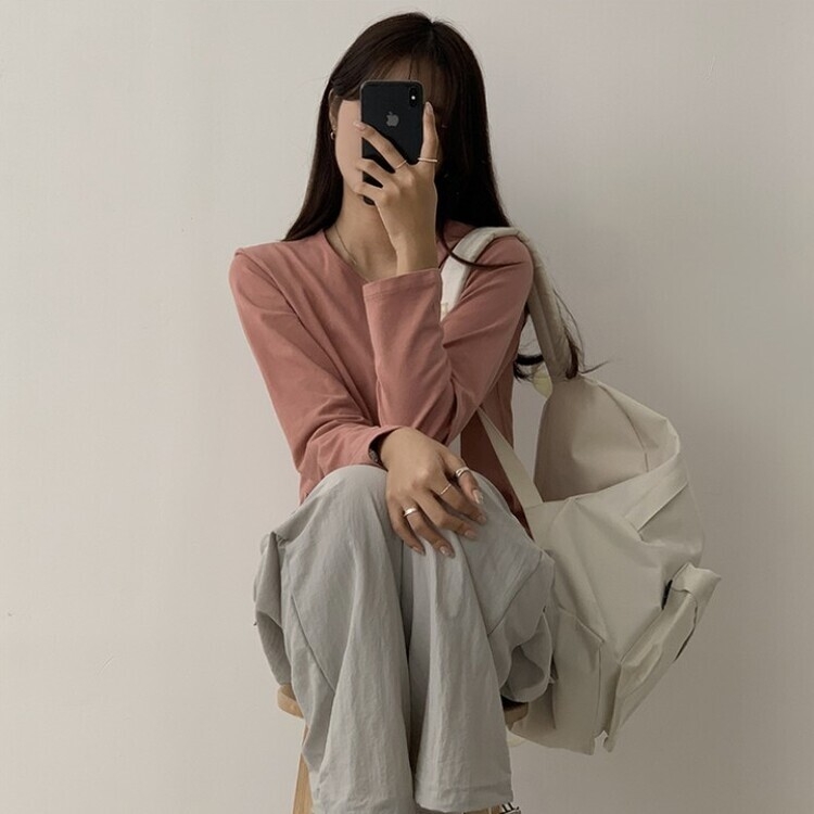 프리미엄 라운드 세미 크롭 데일리 무지긴팔 베이직 긴팔티 기본 레이어드 긴소매티셔츠