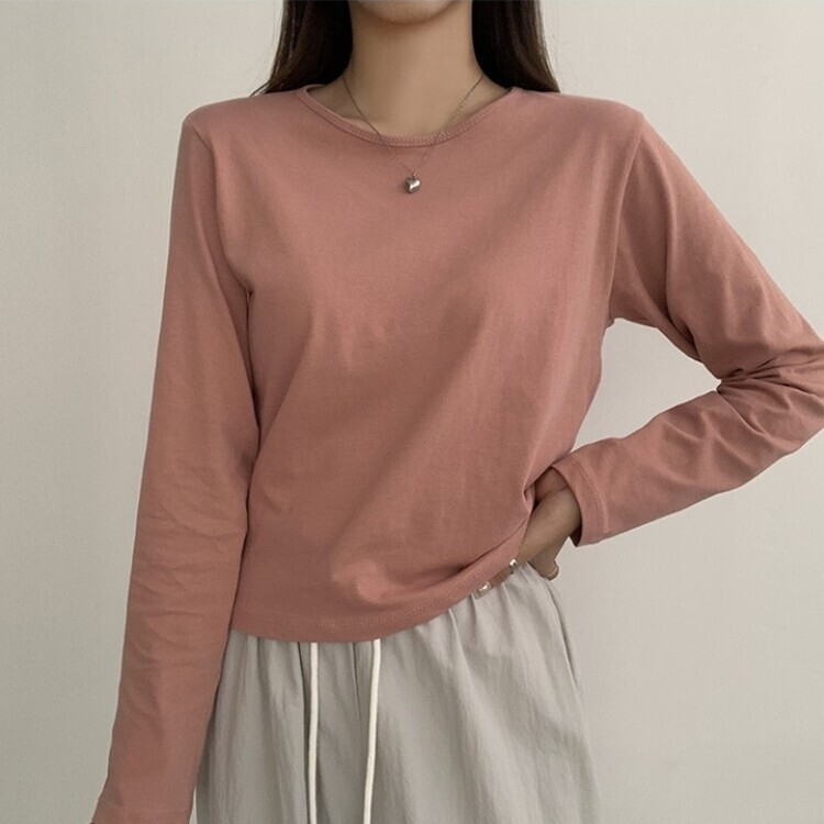 프리미엄 라운드 세미 크롭 데일리 무지긴팔 베이직 긴팔티 기본 레이어드 긴소매티셔츠