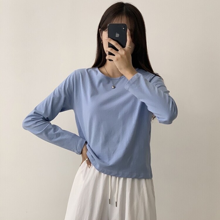 프리미엄 라운드 세미 크롭 데일리 무지긴팔 베이직 긴팔티 기본 레이어드 긴소매티셔츠