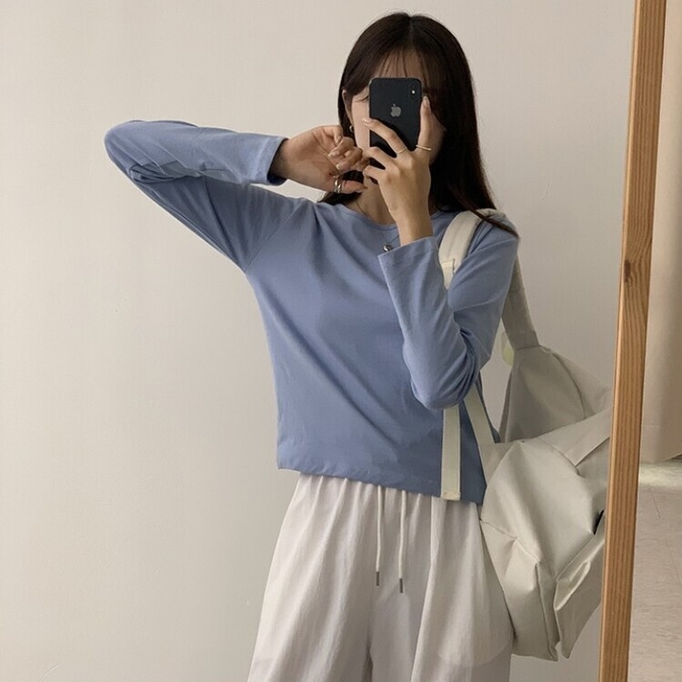 프리미엄 라운드 세미 크롭 데일리 무지긴팔 베이직 긴팔티 기본 레이어드 긴소매티셔츠