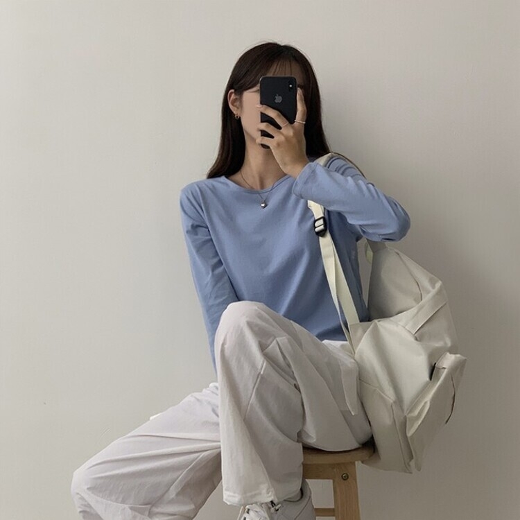 프리미엄 라운드 세미 크롭 데일리 무지긴팔 베이직 긴팔티 기본 레이어드 긴소매티셔츠