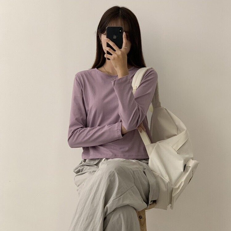 프리미엄 라운드 세미 크롭 데일리 무지긴팔 베이직 긴팔티 기본 레이어드 긴소매티셔츠