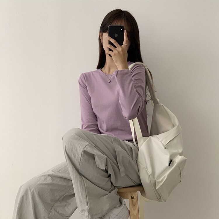 프리미엄 라운드 세미 크롭 데일리 무지긴팔 베이직 긴팔티 기본 레이어드 긴소매티셔츠