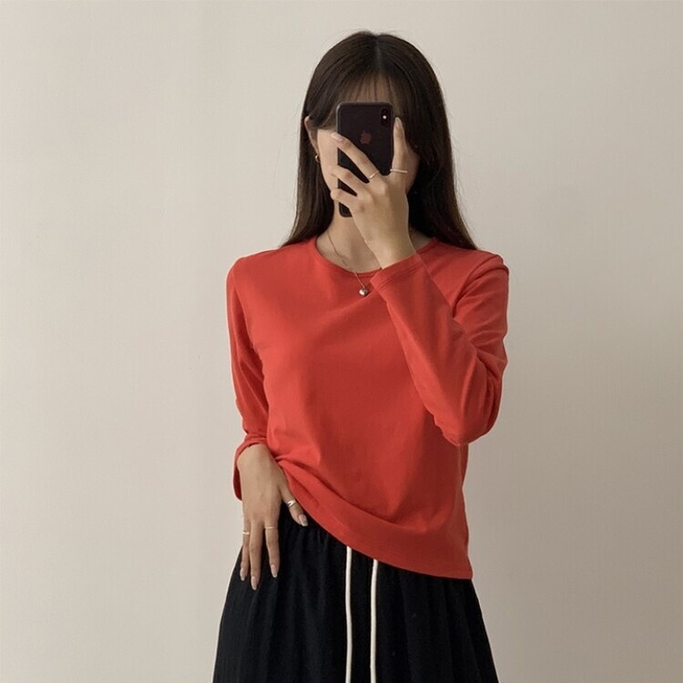 프리미엄 라운드 세미 크롭 데일리 무지긴팔 베이직 긴팔티 기본 레이어드 긴소매티셔츠