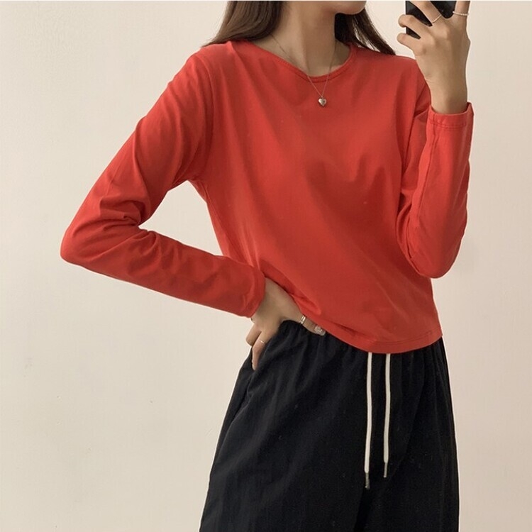 프리미엄 라운드 세미 크롭 데일리 무지긴팔 베이직 긴팔티 기본 레이어드 긴소매티셔츠