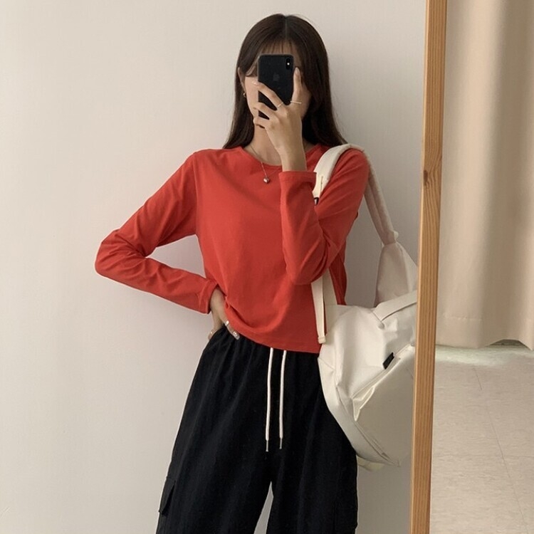 프리미엄 라운드 세미 크롭 데일리 무지긴팔 베이직 긴팔티 기본 레이어드 긴소매티셔츠