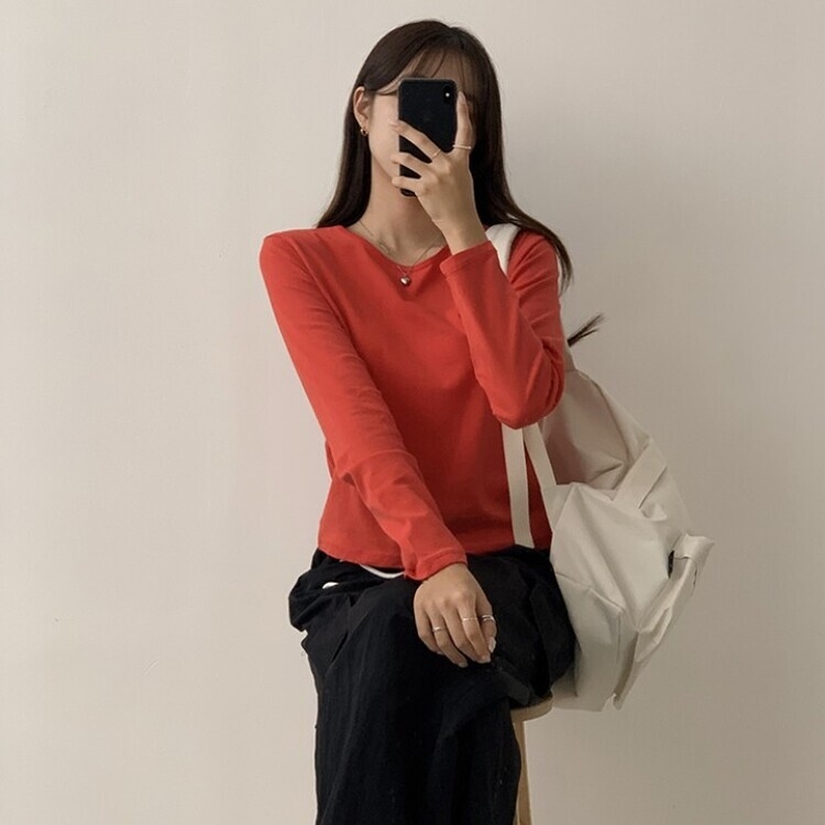 프리미엄 라운드 세미 크롭 데일리 무지긴팔 베이직 긴팔티 기본 레이어드 긴소매티셔츠