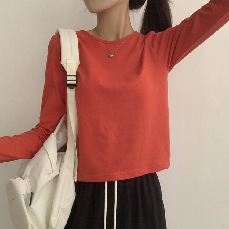 프리미엄 라운드 세미 크롭 데일리 무지긴팔 베이직 긴팔티 기본 레이어드 긴소매티셔츠