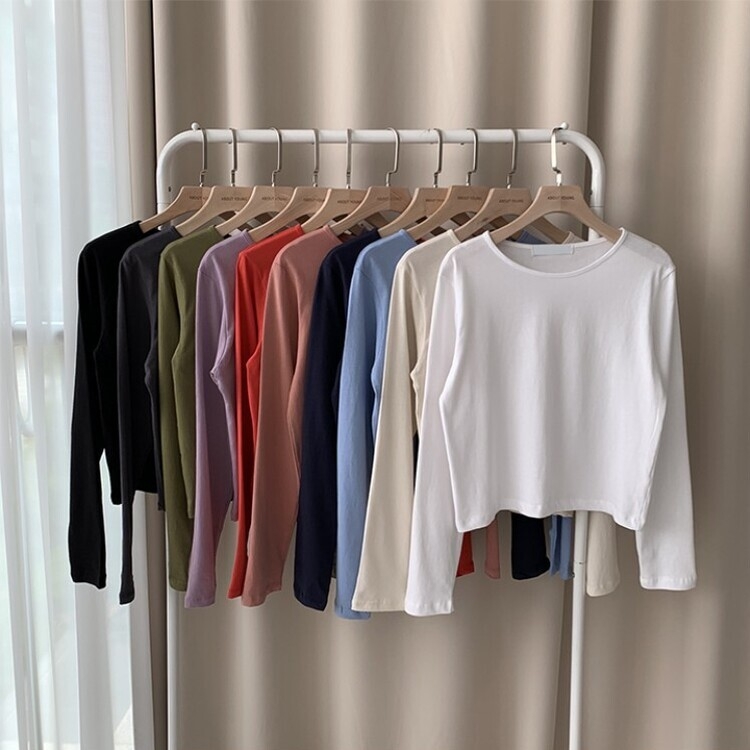 프리미엄 라운드 세미 크롭 데일리 무지긴팔 베이직 긴팔티 기본 레이어드 긴소매티셔츠