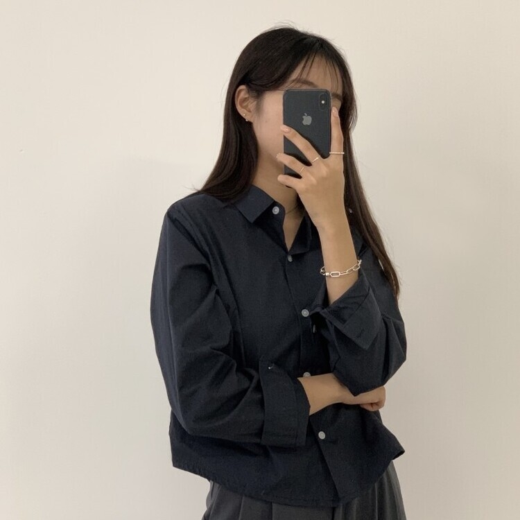 하니니 데일리 크롭 긴팔 가을 겨울 셔츠 네이비