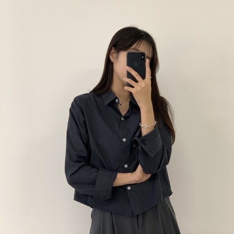 하니니 데일리 크롭 긴팔 가을 겨울 셔츠 네이비