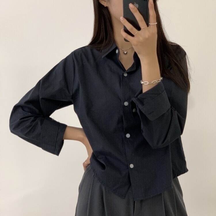하니니 데일리 크롭 긴팔 가을 겨울 셔츠 네이비