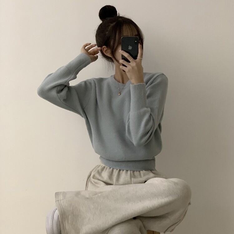 러블리한 무드의 정석 파스텔 라운드 긴팔 세미 크롭 베이직 데일리 무지 봄옷 아방핏 니트 소라