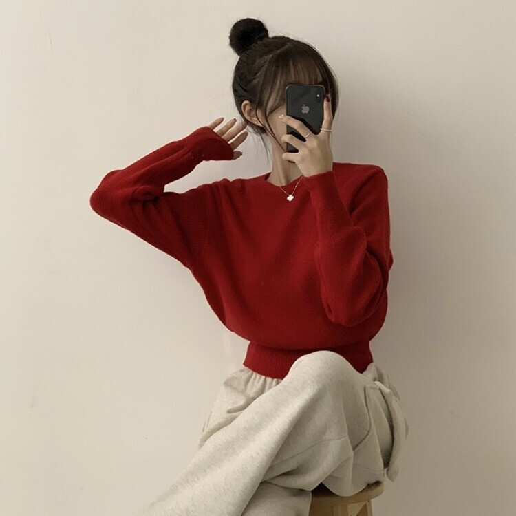러블리한 무드의 정석 파스텔 라운드 긴팔 세미 크롭 베이직 데일리 무지 봄옷 아방핏 니트 레드