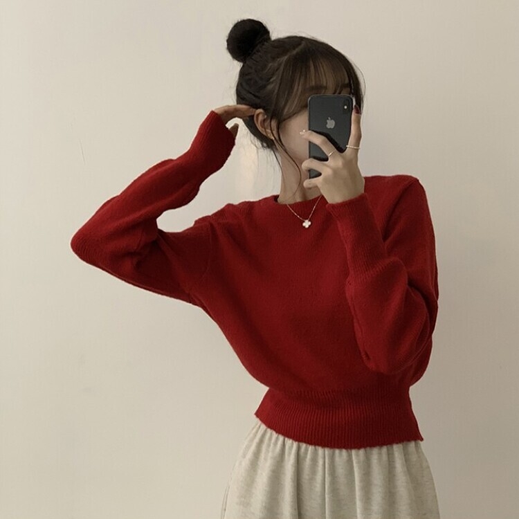 러블리한 무드의 정석 파스텔 라운드 긴팔 세미 크롭 베이직 데일리 무지 봄옷 아방핏 니트 레드