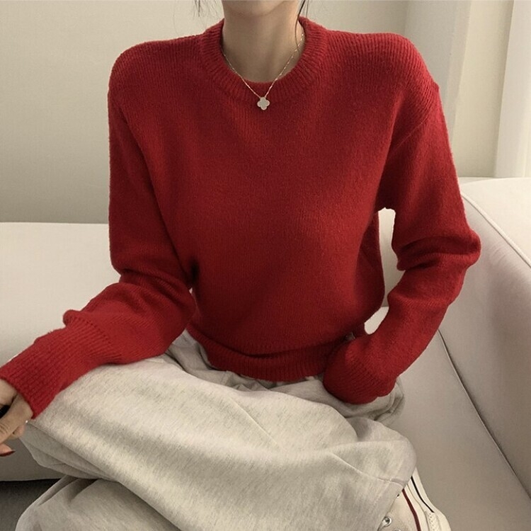 러블리한 무드의 정석 파스텔 라운드 긴팔 세미 크롭 베이직 데일리 무지 봄옷 아방핏 니트 레드