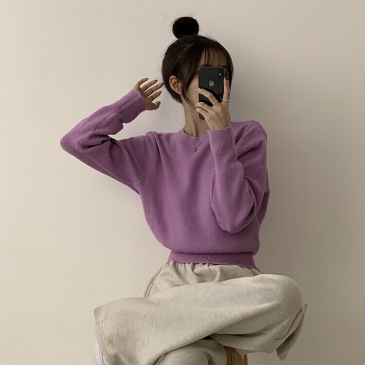 러블리한 무드의 정석 파스텔 라운드 긴팔 세미 크롭 베이직 데일리 무지 봄옷 아방핏 니트 라일락