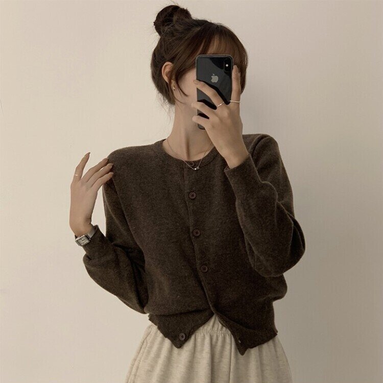 스노우 라운드 겨울 무지 베이직 캐주얼 허리잘록 기본 긴팔 가디건 밤색