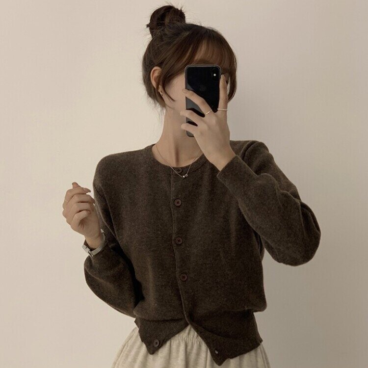 스노우 라운드 겨울 무지 베이직 캐주얼 허리잘록 기본 긴팔 가디건 밤색