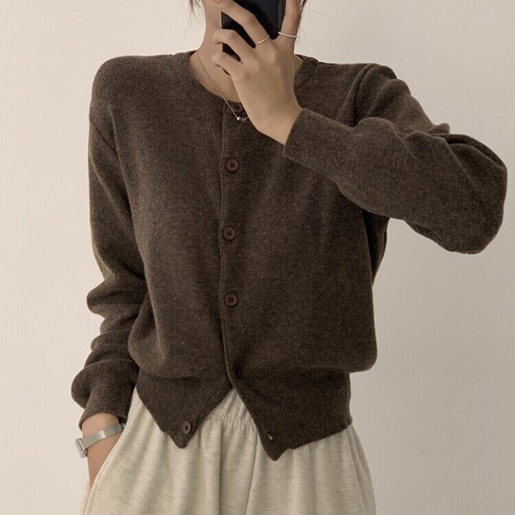 스노우 라운드 겨울 무지 베이직 캐주얼 허리잘록 기본 긴팔 가디건 밤색