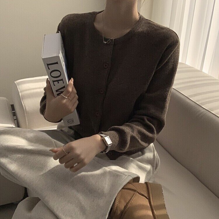 스노우 라운드 겨울 무지 베이직 캐주얼 허리잘록 기본 긴팔 가디건 밤색