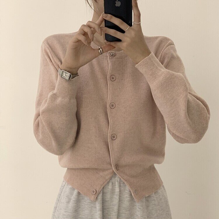 스노우 라운드 겨울 무지 베이직 캐주얼 허리잘록 기본 긴팔 가디건 핑크