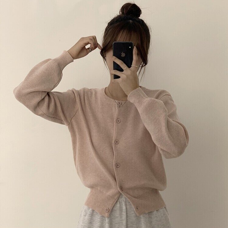 스노우 라운드 겨울 무지 베이직 캐주얼 허리잘록 기본 긴팔 가디건 핑크