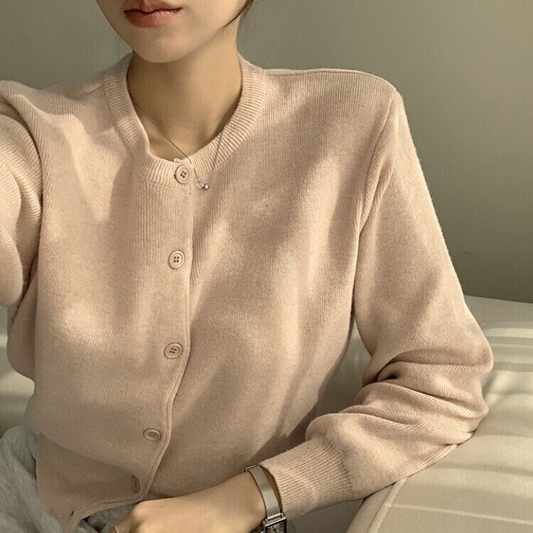 스노우 라운드 겨울 무지 베이직 캐주얼 허리잘록 기본 긴팔 가디건 핑크