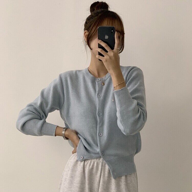 스노우 라운드 겨울 무지 베이직 캐주얼 허리잘록 기본 긴팔 가디건 소라