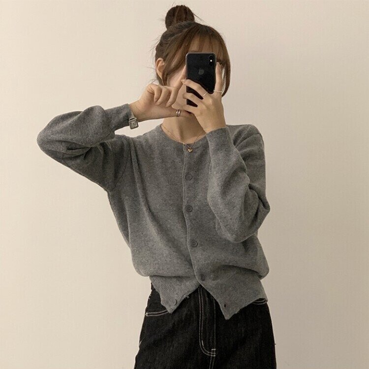 스노우 라운드 겨울 무지 베이직 캐주얼 허리잘록 기본 긴팔 가디건 그레이