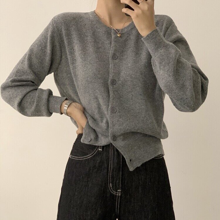 스노우 라운드 겨울 무지 베이직 캐주얼 허리잘록 기본 긴팔 가디건 그레이