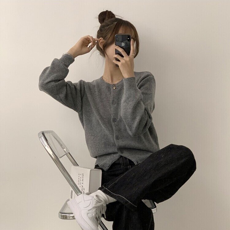 스노우 라운드 겨울 무지 베이직 캐주얼 허리잘록 기본 긴팔 가디건 그레이