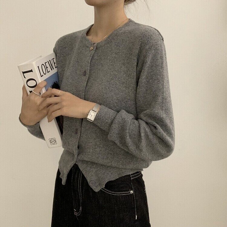 스노우 라운드 겨울 무지 베이직 캐주얼 허리잘록 기본 긴팔 가디건 그레이