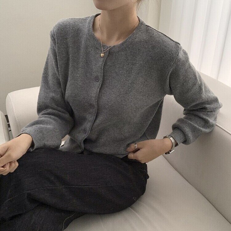 스노우 라운드 겨울 무지 베이직 캐주얼 허리잘록 기본 긴팔 가디건 그레이