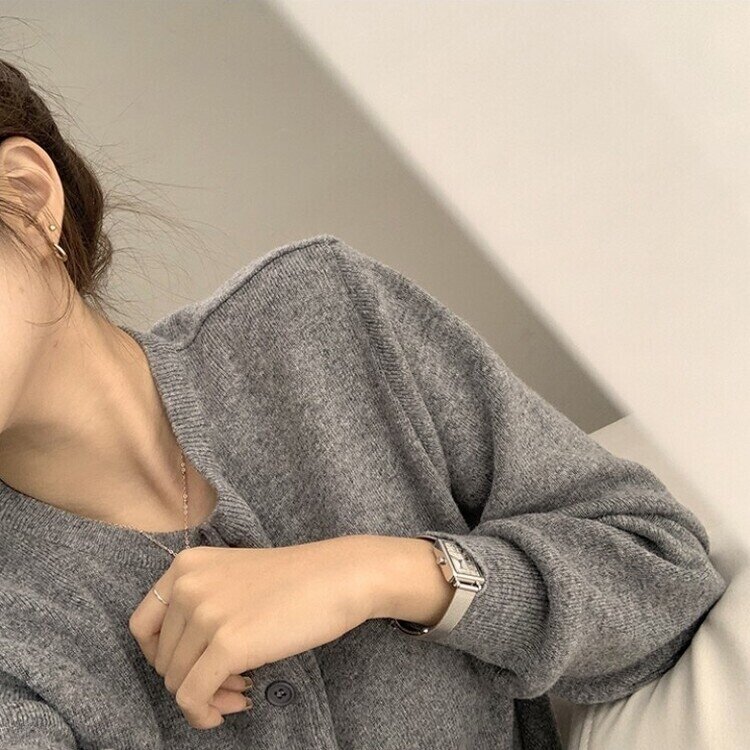 스노우 라운드 겨울 무지 베이직 캐주얼 허리잘록 기본 긴팔 가디건 그레이