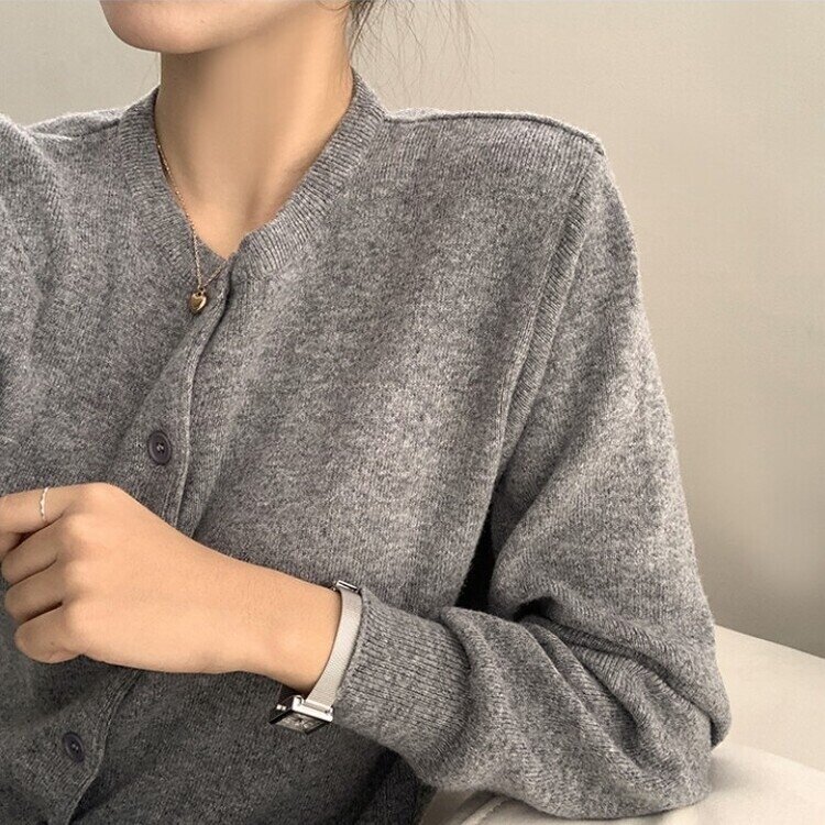 스노우 라운드 겨울 무지 베이직 캐주얼 허리잘록 기본 긴팔 가디건 그레이