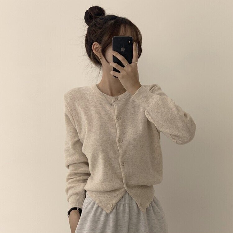 스노우 라운드 겨울 무지 베이직 캐주얼 허리잘록 기본 긴팔 가디건 오트밀