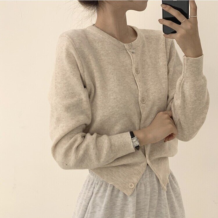 스노우 라운드 겨울 무지 베이직 캐주얼 허리잘록 기본 긴팔 가디건 오트밀
