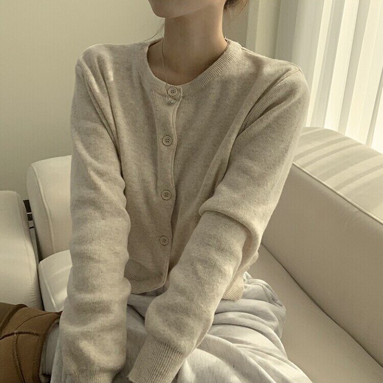 스노우 라운드 겨울 무지 베이직 캐주얼 허리잘록 기본 긴팔 가디건 오트밀