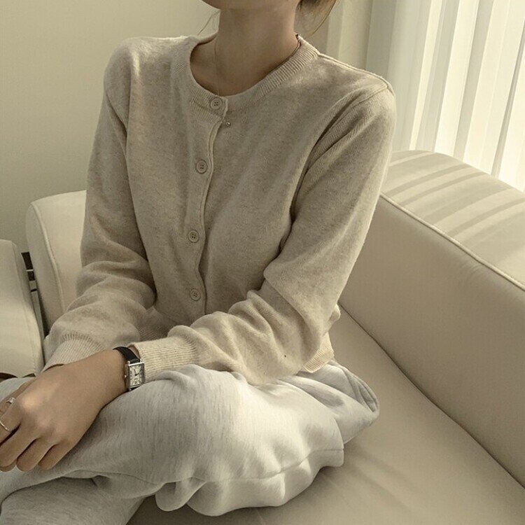 스노우 라운드 겨울 무지 베이직 캐주얼 허리잘록 기본 긴팔 가디건 오트밀