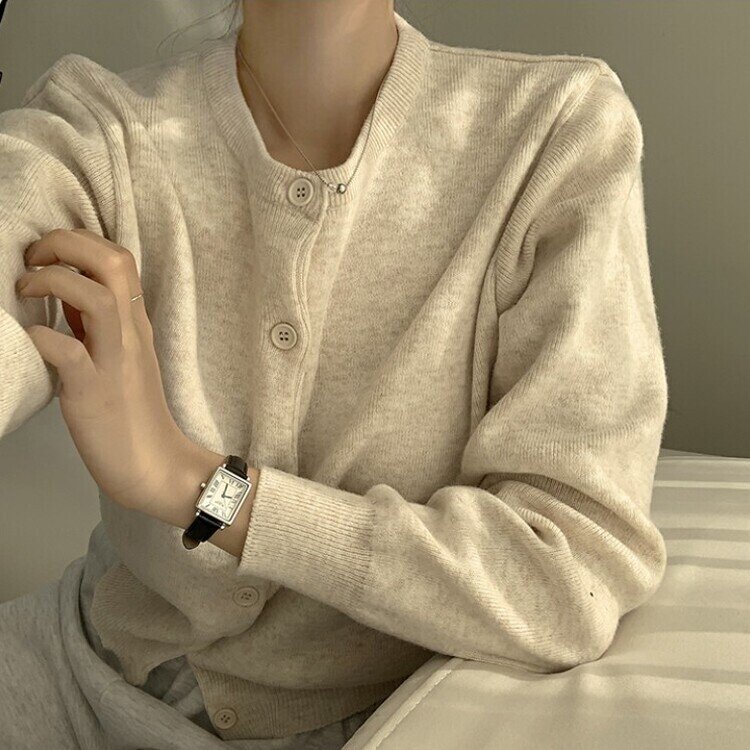 스노우 라운드 겨울 무지 베이직 캐주얼 허리잘록 기본 긴팔 가디건 오트밀