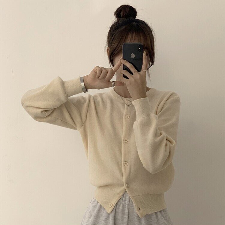 스노우 라운드 겨울 무지 베이직 캐주얼 허리잘록 기본 긴팔 가디건 베이지