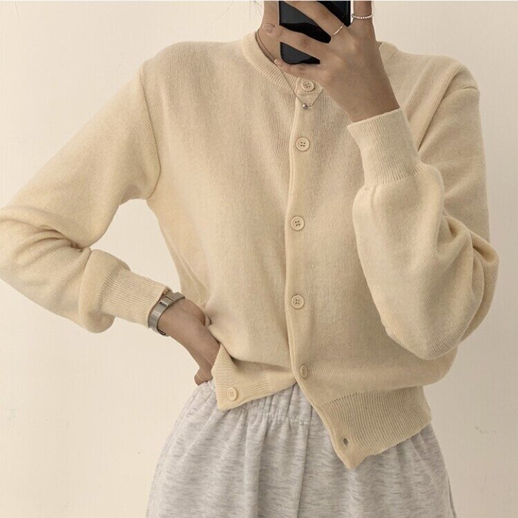 스노우 라운드 겨울 무지 베이직 캐주얼 허리잘록 기본 긴팔 가디건 베이지
