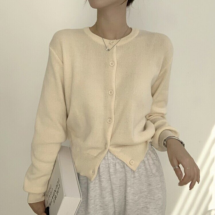 스노우 라운드 겨울 무지 베이직 캐주얼 허리잘록 기본 긴팔 가디건 베이지